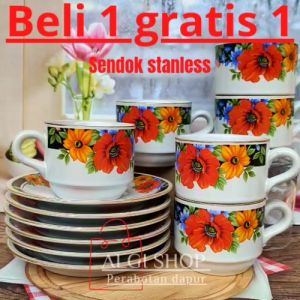 PROMO GRATIS SENDOK TEH  1 SET ISI 12PCS CANGKIR KERAMIK CAMPUR PIRING ALAS TATAKAN MOTIF KEMBANG KELUARAN TERBARU CANTIK DAN MEWAH