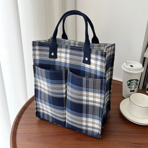 Large Capacity Canvas Tote Bag Womens Handbag Commuter Student Class Versatile Handheld Checkered Pattern Soft Shoulder Bag
