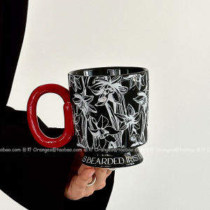 Oranges Limited Vintage Black Lily Flower Irregular Ceramic Mug Coffee Cup Water Cup Niche Gift Luxury Style Retro Pattern