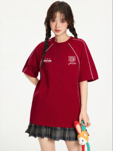 Gbiaior | Wine Red High End Loose Chinese Trend Letter Print Short Sleeve T Shirt Women