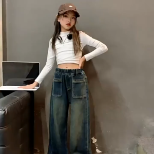 7-15 ขวบ กางเกงยีนส์เด็กผู้หญิง กางเกง เด็ก เอวยางยืด ขากว้าง สําหรับเด็กผู้หญิง ใหม่ 【จัดส่งจากประเทศไทย】