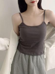 Korean Style Pure Cotton Strap Vest Integrated Chest Pad Wrap Chest Solid Color Outdoor Wear Short Model Top Womens Fashion