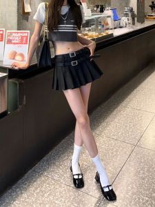 Váy Ngắn Xếp Ly Nữ Mùa Thu Cạp Cao Thiết Kế Hai Thắt Lưng Váy Ngắn Màu Đen Váy Ngắn Xếp Ly Cho Phụ Nữ Ngoại Cỡ