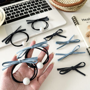C.three Simple High-end Hair Clip Denim Blue Pearl Bow Hair Rope Temperament Hair Accessory