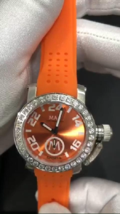 Max XS36 Trendy Sports Watch with AAA Grade Cubic Zirconia Bezel Silver Steel Orange Dial Silicone Strap 36mm 5-MAX555