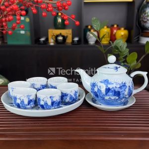 Bộ Ấm Pha Trà Quả Hồng Khay Đĩa Đơn Men Lam Bát Tràng Trúc Lâm Thất Hiền - Ấm Dung Tích 350ML