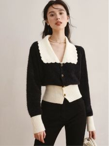 ชิค ตุ๊กตาต่อต้านวัย ปกเสื้อ ถัก คาร์ดิเกน ผู้หญิง ฤดูใบไม้ร่วง ฤดูหนาว สไตล์ อุ่น สวมใส่ด้านใน สลิมฟิต แขนยาวคอวีแคชเมียร์