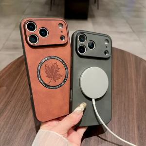 For Magsafe Magnetic Retro PU Leather Maple Leaf Pattern Phone case for iPhone 17 Air 16 E 15 14 Plus 13 12 11 ProMax Back Cover