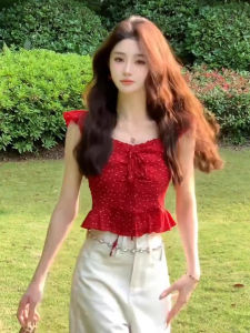 chaqi | French Style Red Polka Dot Strap Vest Womens Summer New Spicy Girl Short Waist Cinched Blouse V-neck Casual Outerwear