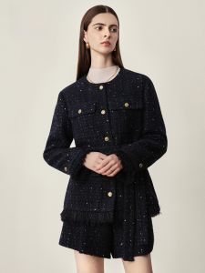 HR | Luxurious Heavyweight Tweed Coat For Women With Fringe Texture Round Neck Long Sleeve Standard Fit Wool Blend Autumn New Style