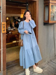 Loose A-Line Long Dress Blue plus Size Womens Spring Autumn High Waist Maternity Dress Fairy Sister MM Tall Women Dress