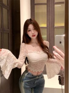 Spring Season Lace Shirt Womens One-Shoulder Long Sleeve Bell-Sleeve Zipper Design Waist-Cinching Belt Body-Shaping Top