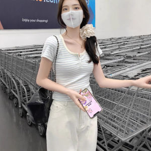 Slim Fit Striped U-Neck Short Sleeve T-Shirt Womens Summer New Korean Style Commute Style Regular Thickness Polyester Fabric