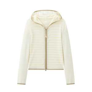 PEACEBIRD | Mall Version Mixed Fabric Stripe Long Sleeve Hooded Knitted Cardigan