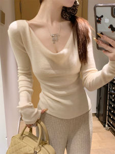 Áo Len Dệt Kim Dài Tay Ôm Vừa Vặn Cho Nữ Cổ Thấp Màu Trơn Chất Liệu Cotton Phong Cách Công Sở Mùa Thu 2024 Áo Len Cardigan