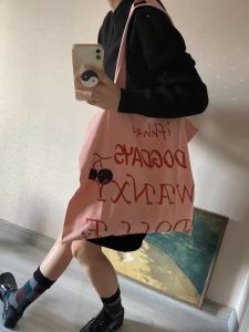 Large Capacity Canvas Bag Womens Pink Graffiti Letter Slung Shoulder Commuter Bag Fresh Sweet Style Daily Match Universal