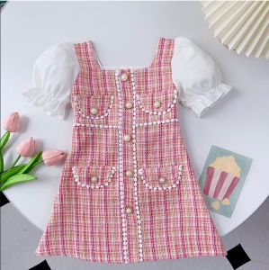 Bear Leader Kids Dress Knit Check Dress Pearl Embellishment Pink Short Sleeve Dress Puff Sleeve Plaid Dresses 2-7 Years Baby Girls Clothing