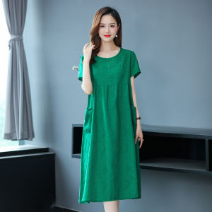 ชุดเดรสคอตตอนสีพื้นหลวมๆ สำหรับคุณแม่ผู้หญิงวัยกลางคนและผู้สูงอายุ แขนสั้น ทรงหลวม ชุดทำงานลำลอง ฤดูร้อน 2024