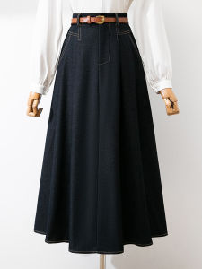 High Waist A-Line Midi Skirt Womens Denim Flared Pleated Long Skirts Spring Autumn Style Pear Shape Conceal Hip Slimming