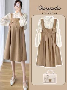 Maternity Dress Set Two-Piece Casual Loose Korean Style Womens Clothing Spring Autumn Pure Color Belly Covering Ensemble