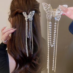 Rhinestone Hollow Butterfly Grab Clip Pearl Fringe Hair Clip for Women Gold Fashion Temperament Hairpin Hair Accessories
