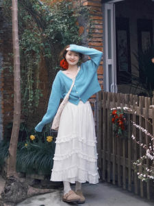 plus Size Autumn Fashion Knitted Open Cardigan And High Waist Mini Skirt Slimming Two Piece Set White V Neck Long Sleeve Ensemble