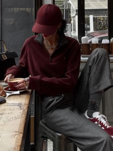 Áo Nỉ Dài Tay Cổ Polo Màu Đỏ Mỹ Cổ Nửa Mở Rộng Dáng Rộng Cho Nữ Áo Nỉ Dài Tay Màu Tương Phản Cổ Polo Cổ Điển