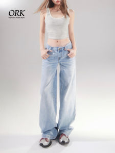 Ice Blue American Style Summer  Wide Leg Jeans Women Loose Straight Cut Casual Low Waist Jeans Casual Straight Leg Jeans