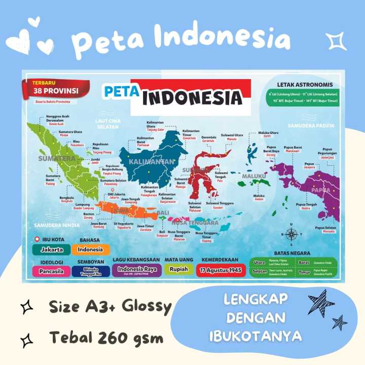 Poster Edukasi Peta Indonesia Terbaru 38 provinsi Poster ...