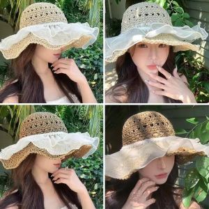 หมวกกันแดดพับได้โบว์ลูกไม้สำหรับขอบใหญ่กลางแจ้งสำหรับผู้หญิงหมวกสานฤดูร้อนหมวกกันแดดหน้าแสดงวันหยุดเล็กๆหมวกชายหาด