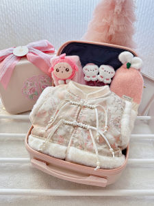 Pink Fleece Lined Thick Cotton Outfit for Newborn Babies Meeting Gift Box Set Autumn Winter Infant Clothing Baby Clothes Set