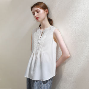 Miccbeirn | Silk Cotton Design Pleated Simple Sleeveless Vest Top Fashion Tassel Buckle Versatile Personality Shirt Round Neck Regular Length