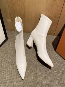 White High Heel Short Boots Womens Pointed Toe Thick Heel Boots 2024 New Slim Martin Boots Spring Autumn Single Boot