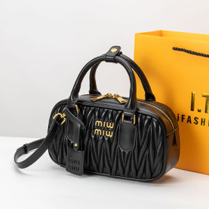 DIY Pleated Pillow Bag Womens Genuine Leather Handbag Shoulder Crossbody Bag Boston Bowling Bag Soft British Style Leisure Handbag