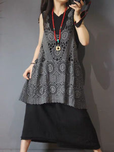 Mori Style Hollow Camisole Womens Long Pure Cotton Crochet Lace Casual Fashionable Outerwear Khaki Vest Dress