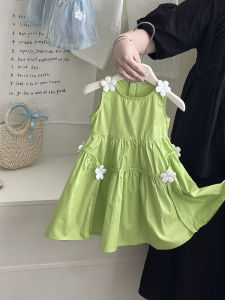 Fashionable Summer Dress for Girls 2024 New Arrival Princess Green Silk Skirt Sleeveless Childrens Clothing Trendy Seasonal Wear