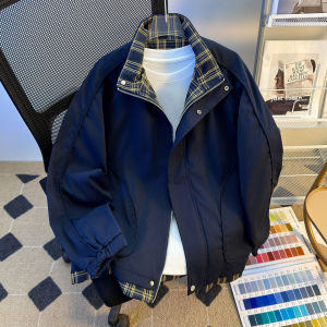 แจ็คเก็ตแบบสองชิ้นสไตล์อเมริกันสำหรับผู้ชาย แจ็คเก็ตฤดูใบไม้ร่วงคอตั้งลายสก็อตแบบแยกส่วน ดีไซน์แยกส่วน เสื้อผ้าทำงาน ทรงหลวม