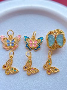 Natural Jade Butterfly Pendant S925 Antique Silver Gold Plated Accessories Engraved Blue Burnt Beads DIY Bracelet Charms