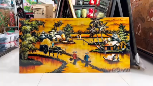 (Tặng kèm khung) Tranh sơn mài - PHONG CẢNH ĐÔNG QUÊ VIỆT NAM - Nền dát vàng cao cấp/ Size 60x120 cm