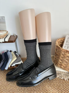 Gray And Black Splicing Mid-Calf Socks Womens Spring Autumn Patterned Color Block Vertical Stripes Simple Versatile Slimming Short Socks
