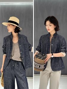 Outdoor Denim Linen Capsule Jacket Straight Leg Pants Set High Fashion Spring 2025 Womens Ensemble Casual Workwear
