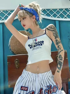 เสื้อกั๊กสายเดี่ยวสั้นเซ็กซี่สำหรับผู้หญิง ทรงเข้ารูป สไตล์สปอร์ต สไตล์อเมริกัน แฟชั่นสุดเท่ ฤดูร้อน 2023 ผ้าฝ้ายผสมโพลีเอสเตอร์