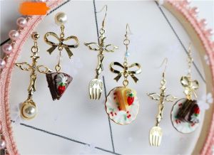 Original Design 18K Gold Mini Ceramic Tea Set Spoon Fork Dessert Butterfly Knot Earrings Clip Fresh out New Fashion Jewelry