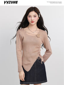 Áo Len Dệt Kim Dài Tay Cổ Tròn Nữ Thu Đông 2025 Áo Khoác Không Đều Có Dây Rút Eo Cao Hoa Họa Tiết Ba Chiều Phong Cách Hàn Quốc