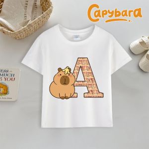 Bandai | Capybara T-shirt Letter A-Z Print Tops Cute Cartoon Anime Boys Girls Clothes Cotton Round Neck Toddler Short Sleeve Outdoor Wear