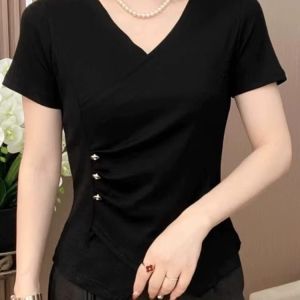 QIAOXIZI | Áo Thun Nữ Cổ V Tay Ngắn Giúp Gọn Người