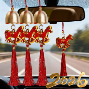 5PCS 2026 Chinese New Year Car Rearview Mirror Pendant Zodiac Horse Lucky Golden Wind Chimes Tassel Home Hanging Decor Accessories