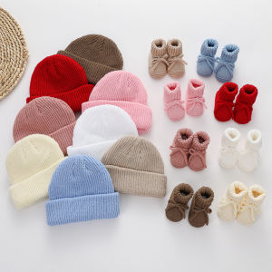 2Pcs/Set Ins Solid Knitted Baby Turban Hats Beanies Caps & Handmade Boutique Bows Short Socks Stockings Ins Ankle Sock Footwear