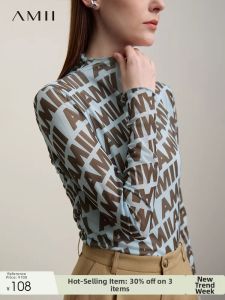 Spring Long Sleeve Semi-High Collar T-Shirt Print and Lace Design