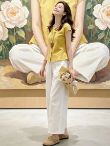 Shalldoer | Sweet Casual Youthful Womens Set Yellow Shirt White Trousers